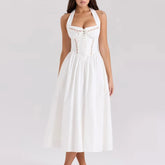 Green Embroidered Halter Midi Dress - A-Line Fit